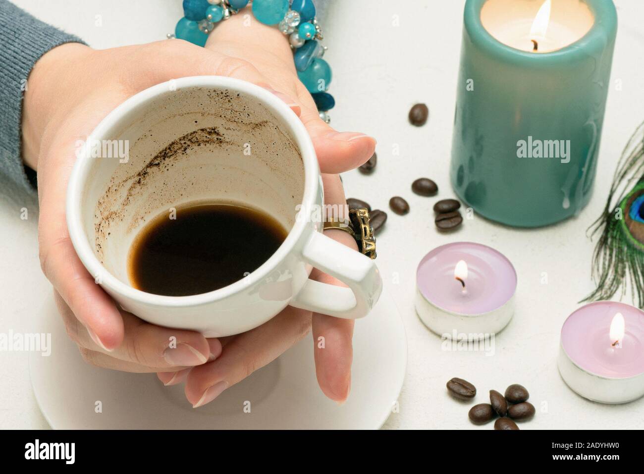 Coffee grounds fortune telling close up. Fortune teller with a cup of coffee Stock Photo Alamy