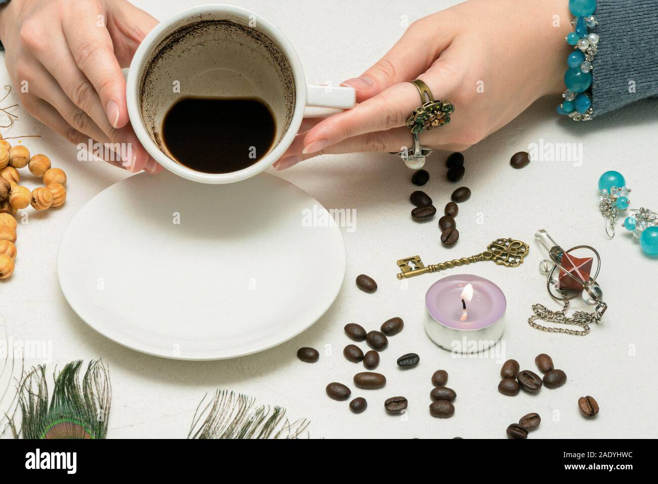 Coffee grounds fortune telling close up. Fortune teller with a cup of coffee Stock Photo Alamy