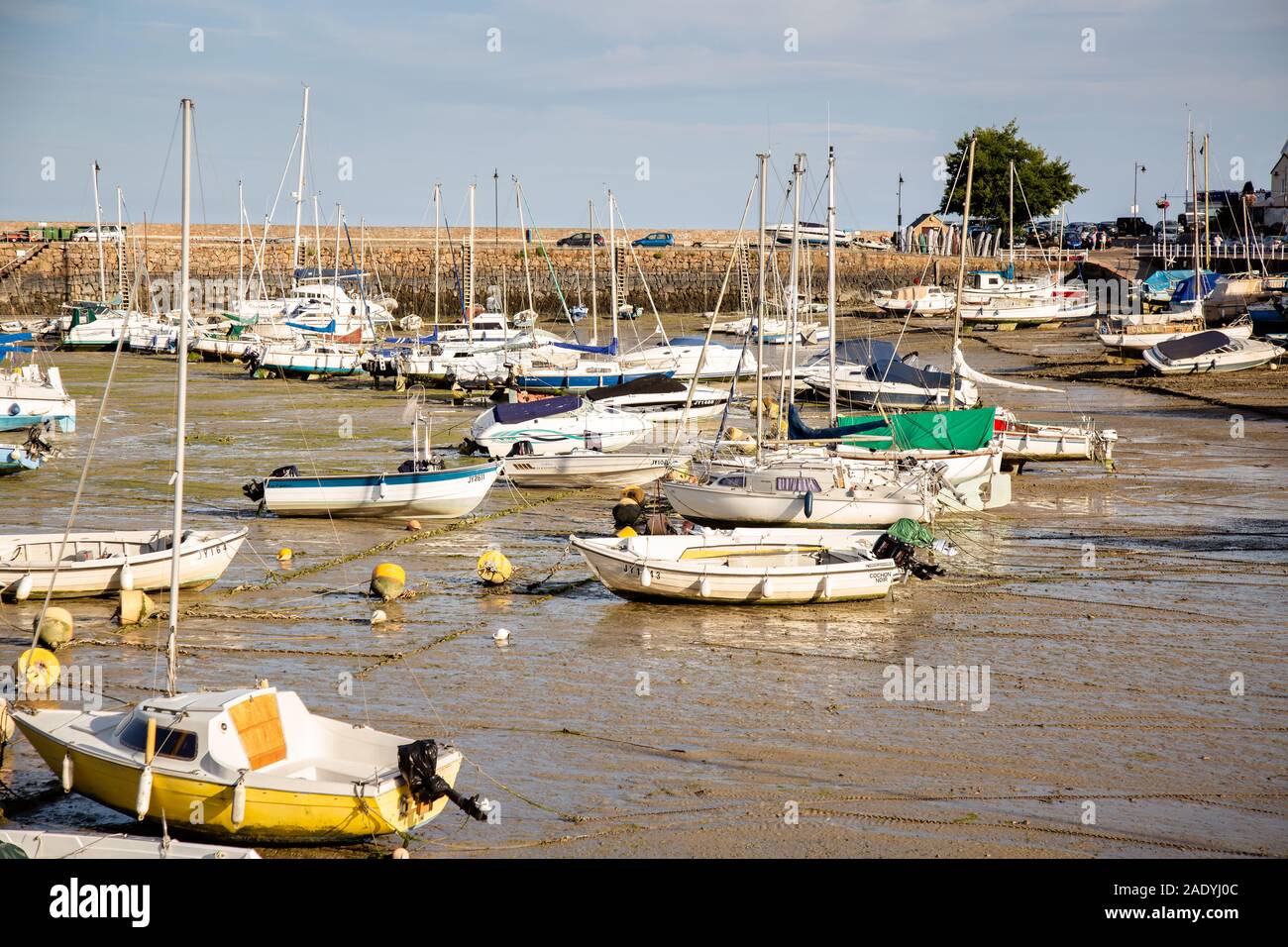 Boat docked on the beach at low tide, channel islands Stock Photo