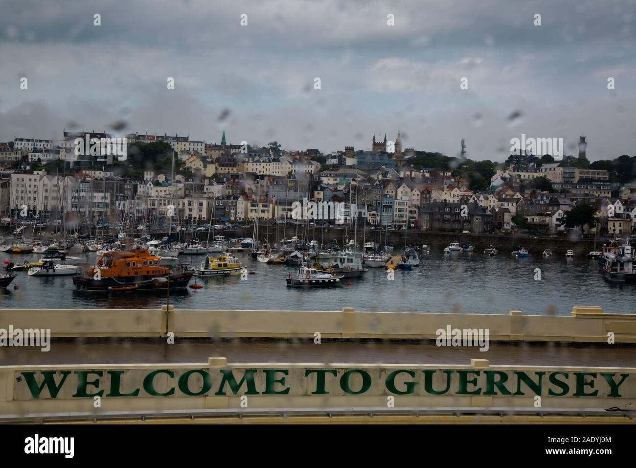 Arriving into Guernsey on a rainy day, channel islands Stock Photo