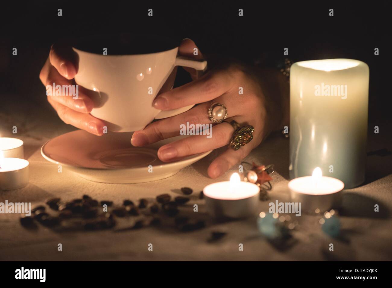 Coffee grounds fortune telling close up. Fortune teller with a cup of coffee Stock Photo Alamy