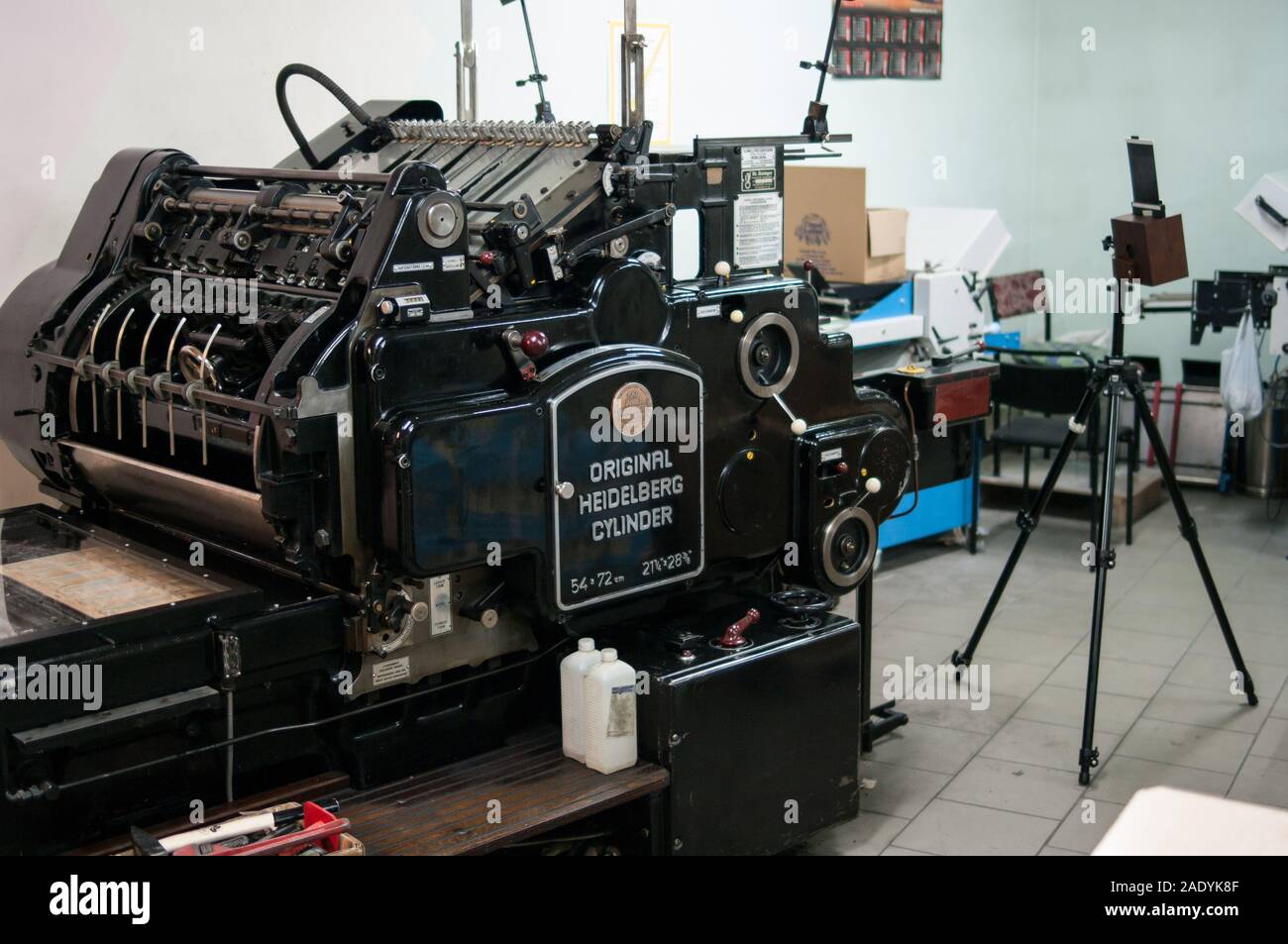 Antique Heidelberg printing machine and camera obscura Stock Photo