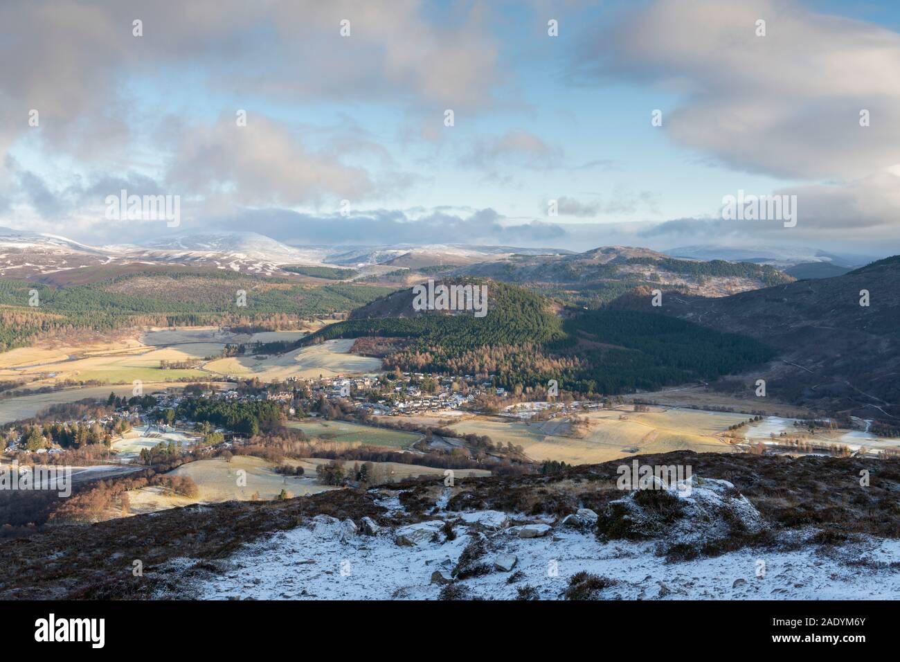 A View of Braemar from Morrone on a Frosty Winter Morning Showing the Village Surrounded by Mountains in the Cairngorms National Park Stock Photo
