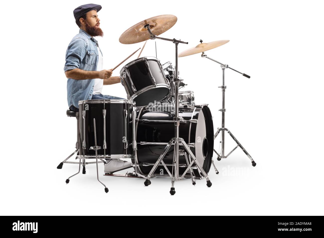 Musician playing drums isolated on white background Stock Photo - Alamy