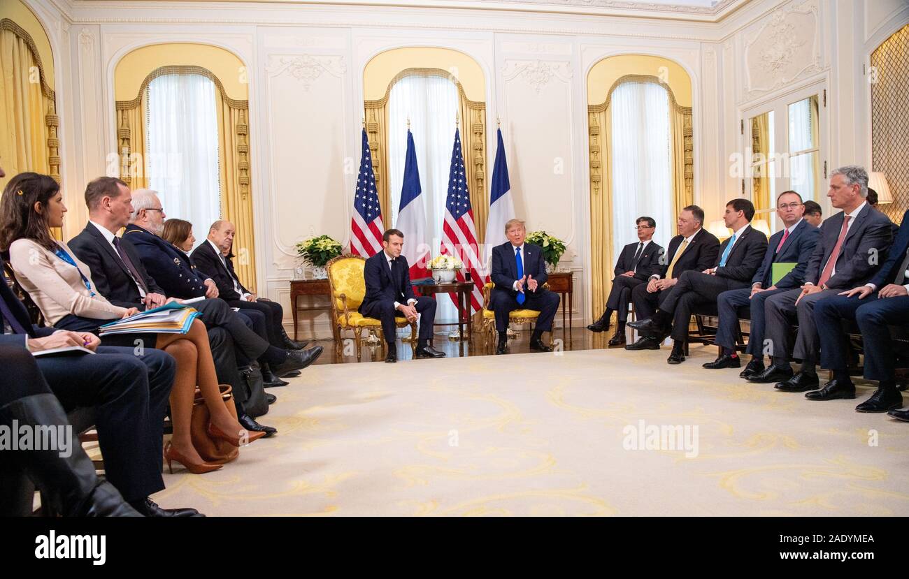 U.S. President Donald Trump holds a bilateral meeting with French President Emmanuel Macron prior to the NATO Summit at Winfield House December 3, 2019 in London, United Kingdom. Stock Photo