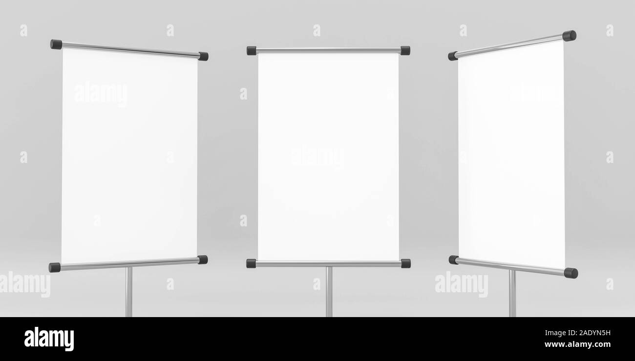 Roll up banners with paper canvas texture, isolated on grey background ...