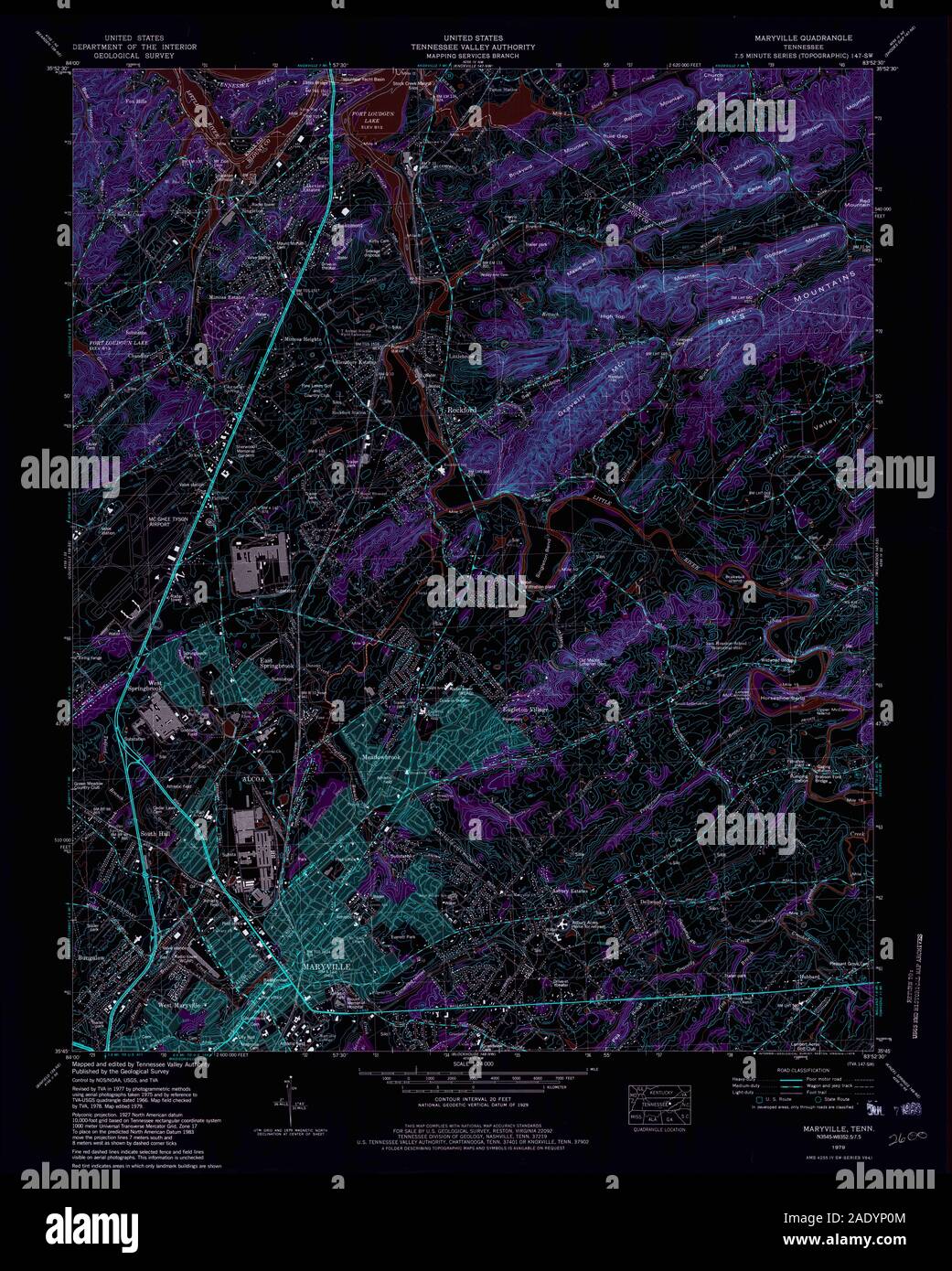 USGS TOPO Map Tennessee TN Maryville 149084 1979 24000 Inverted Restoration Stock Photo