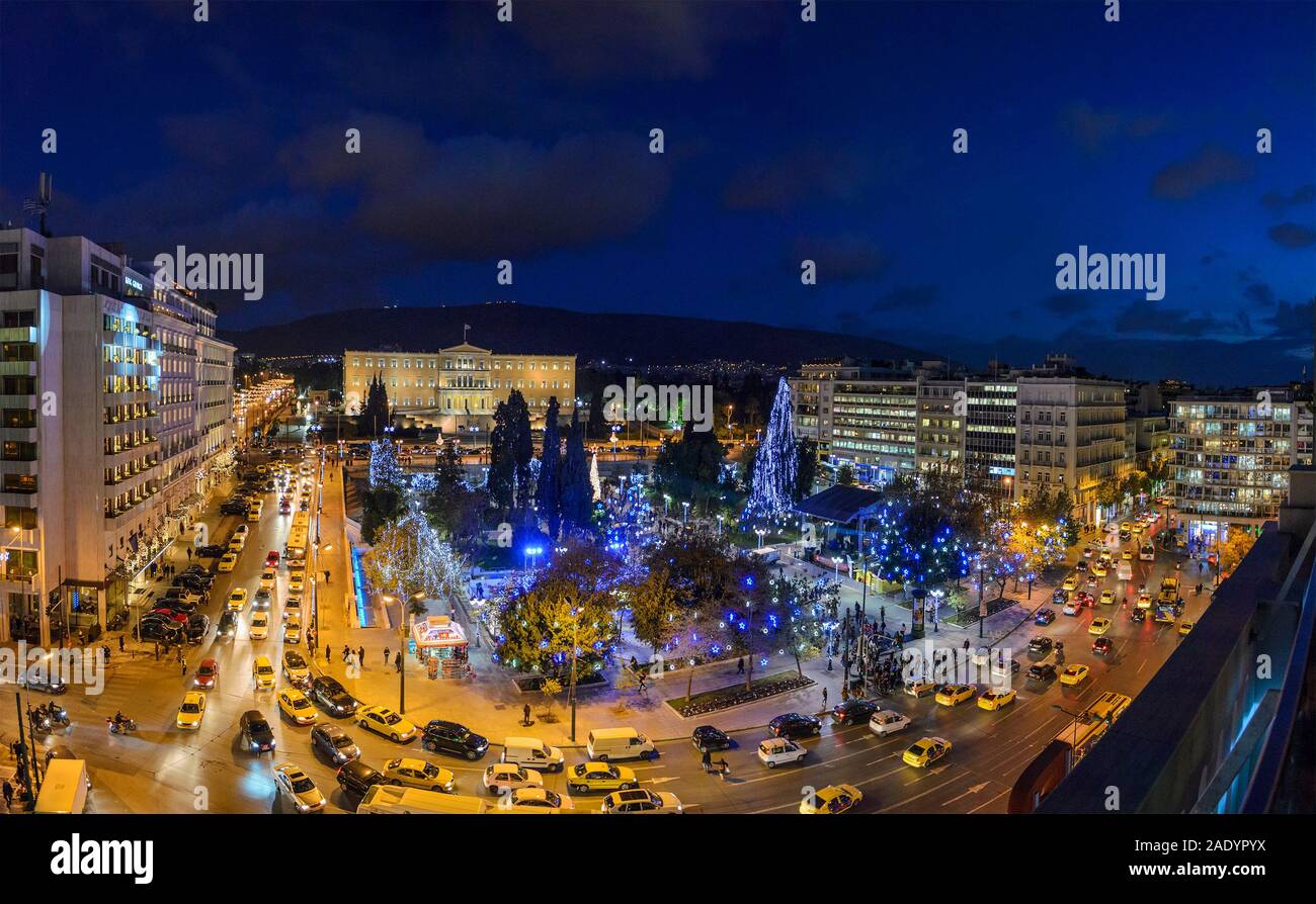 Syntagma Square (Constitution Square) is decorated for Christmas. Panoramic aerial view in Athens City. Athens - Greece. Stock Photo