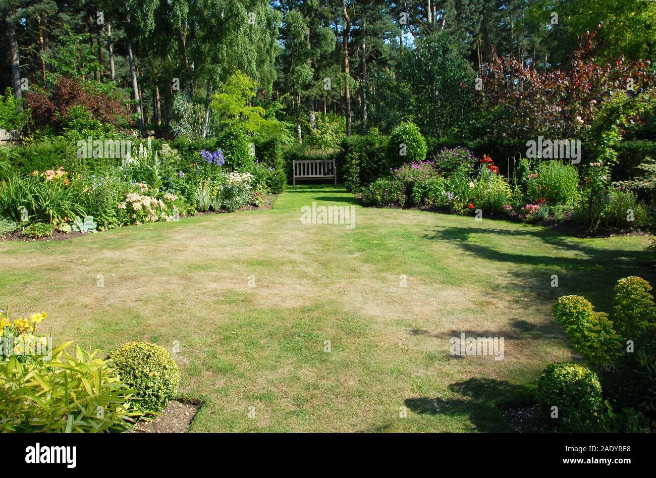 Small private garden in Woodhall Spa with herbaceous borders and shrubs with lawn affected by drought Stock Photo