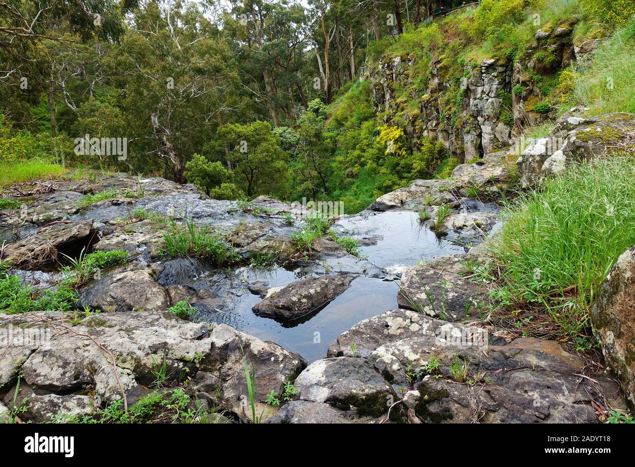 Australian Bush Scene. Rocks above a waterfall. Stock Photo