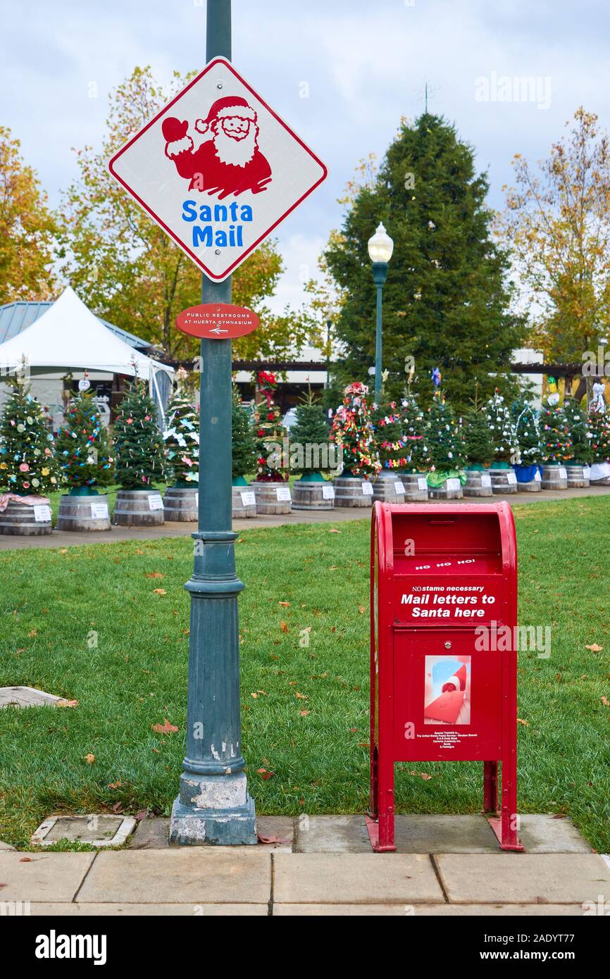 Decorated Christmas trees at Windsor's Town Green, on overcast day in