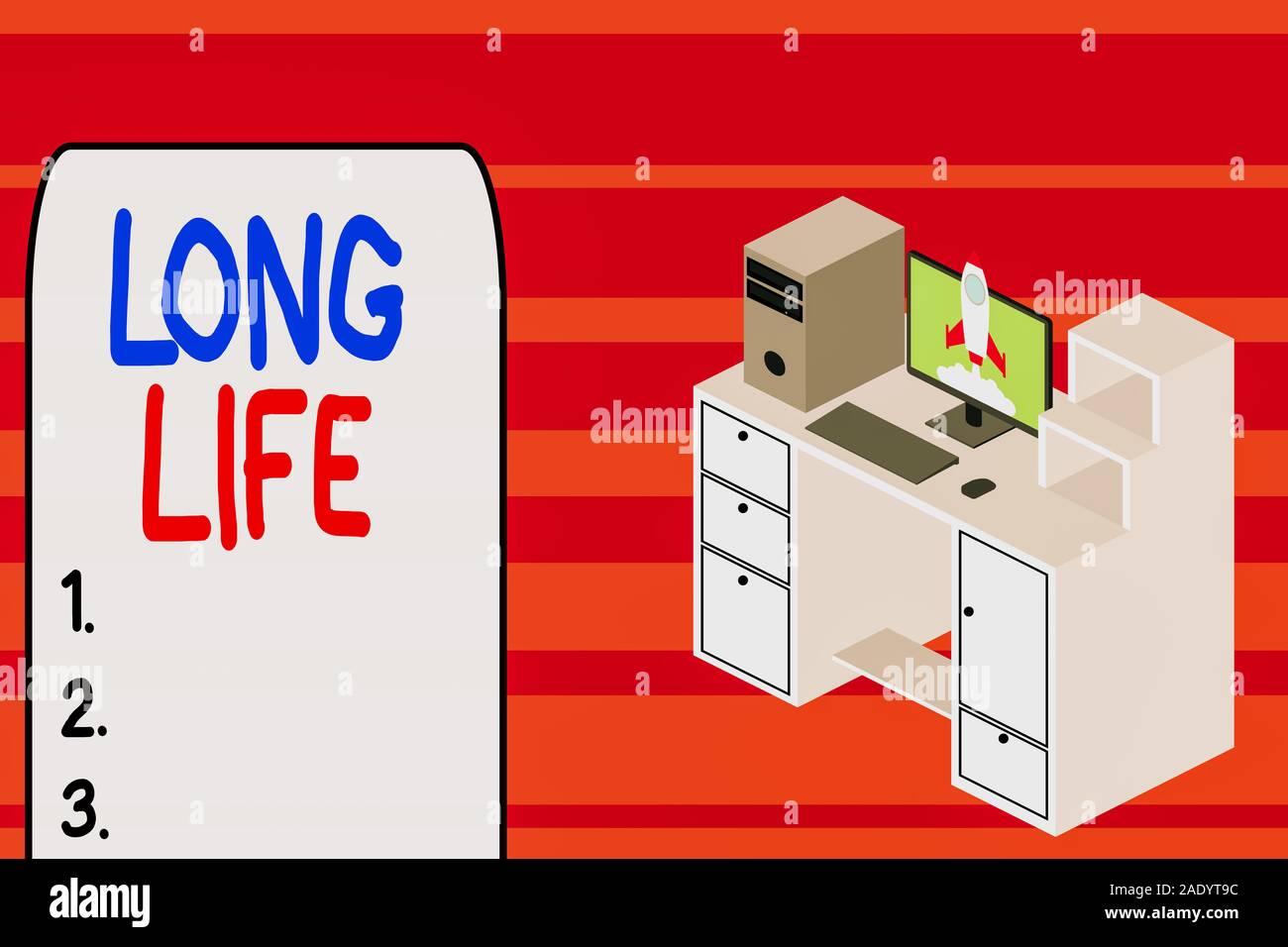 Text sign showing Long Life. Business photo text able to continue working for longer than others of the same kind Working desktop station drawers pers Stock Photo