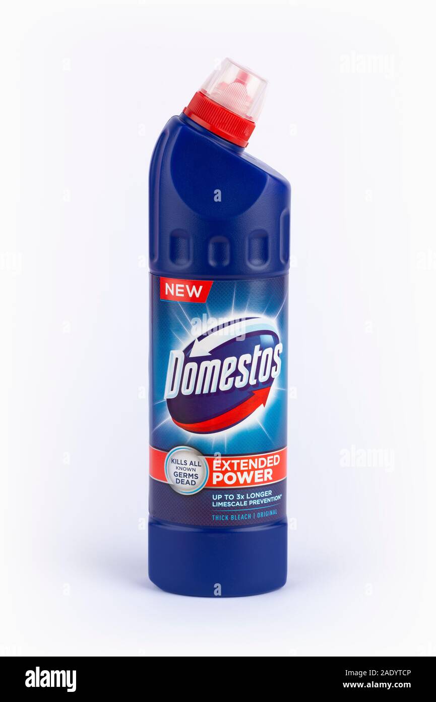A Domestos bleach bottle shot on a white background. Stock Photo