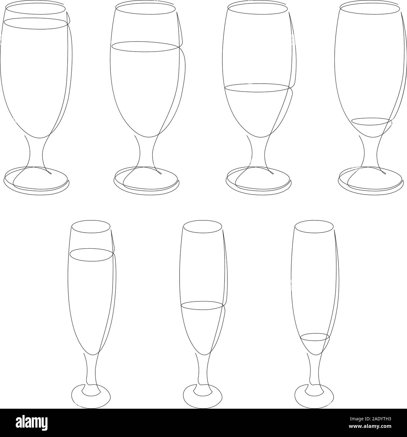 Continuous one line drawing of glass with cocktail, beer or beverage, champagne. Set of almost empty glass, half filled and full. Collection Stock Vector