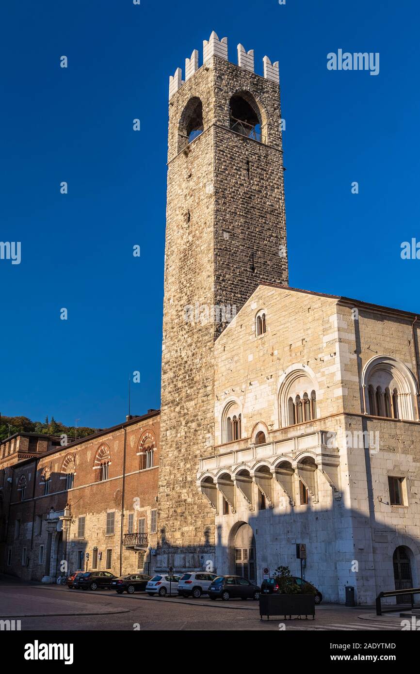 The medieval town hall with its high tower in the city of Brescia. Italy Stock Photo