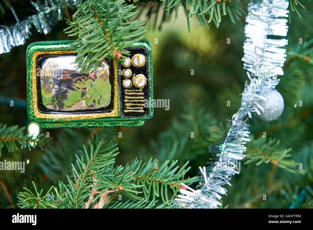 Christmas toy tv ornament on a tree, at Windsor's Town Green, in