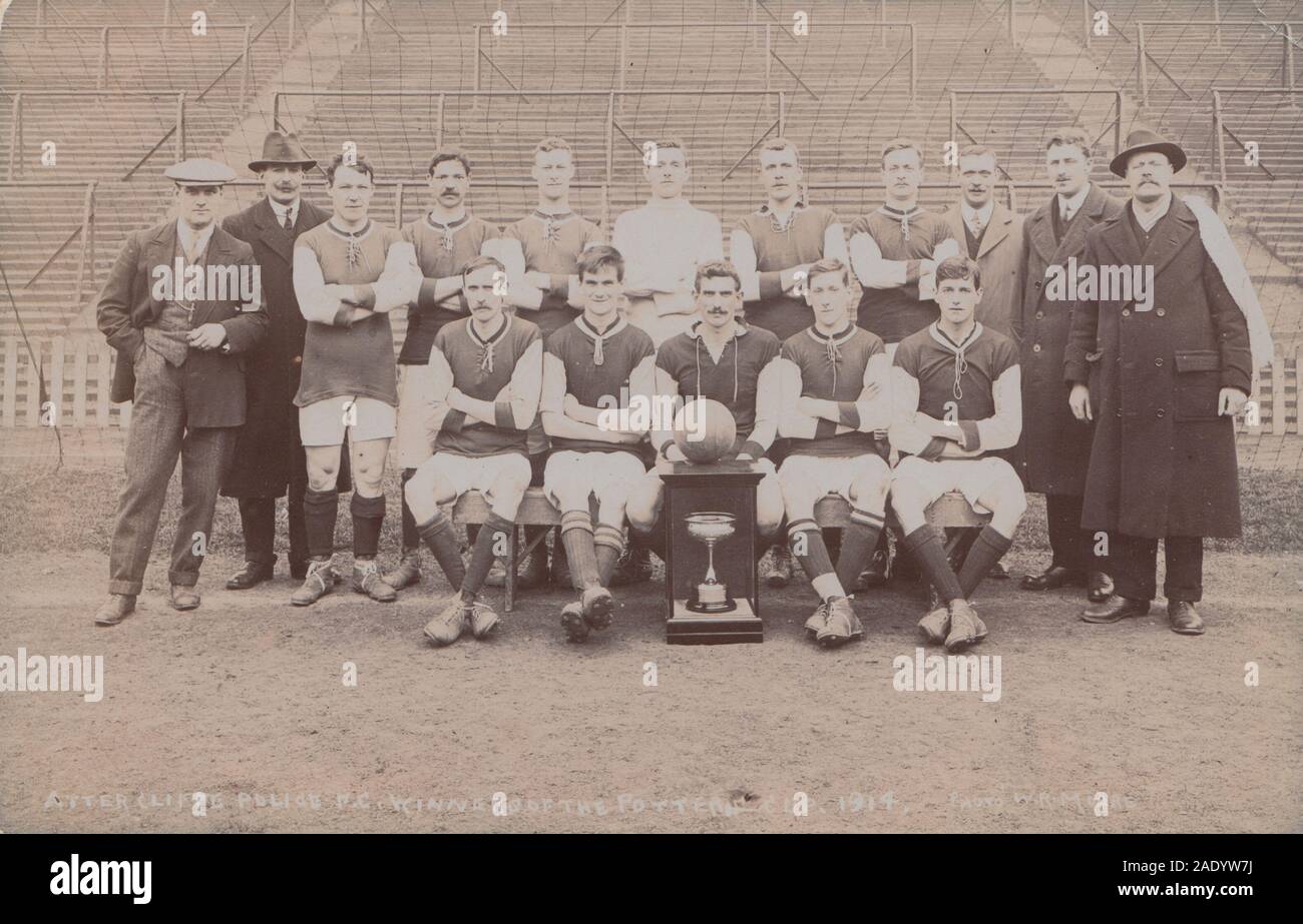 Vintage Early 20th Century Photographic Postcard Showing The Attercliffe Police Football Club. The Winners of The Potters Cup in 1914. Stock Photo