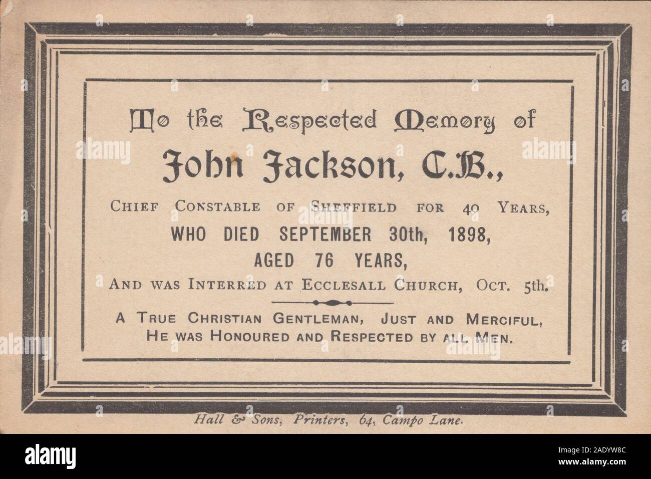 In Memoriam Card For John Jackson, C.B. The Chief Constable of Sheffield For 40 Years. Died September 30th 1898 Aged 76 Years and Was Interred at Ecclesall Church, Oct 5th. Stock Photo