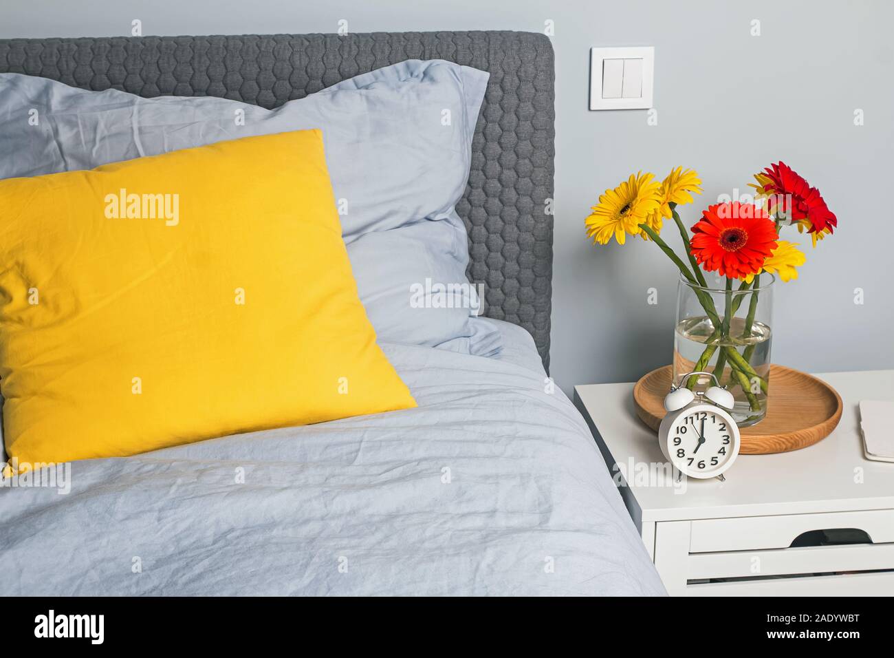 Modern Bedroom Interior With Bright Decorative Pillow On The Bed