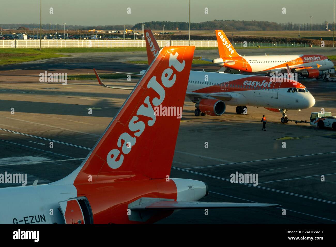 EasyJet budget airline Airbus A320-214 aircrafts or airplanes or aeroplanes at London Luton Airport as of 2019 Stock Photo