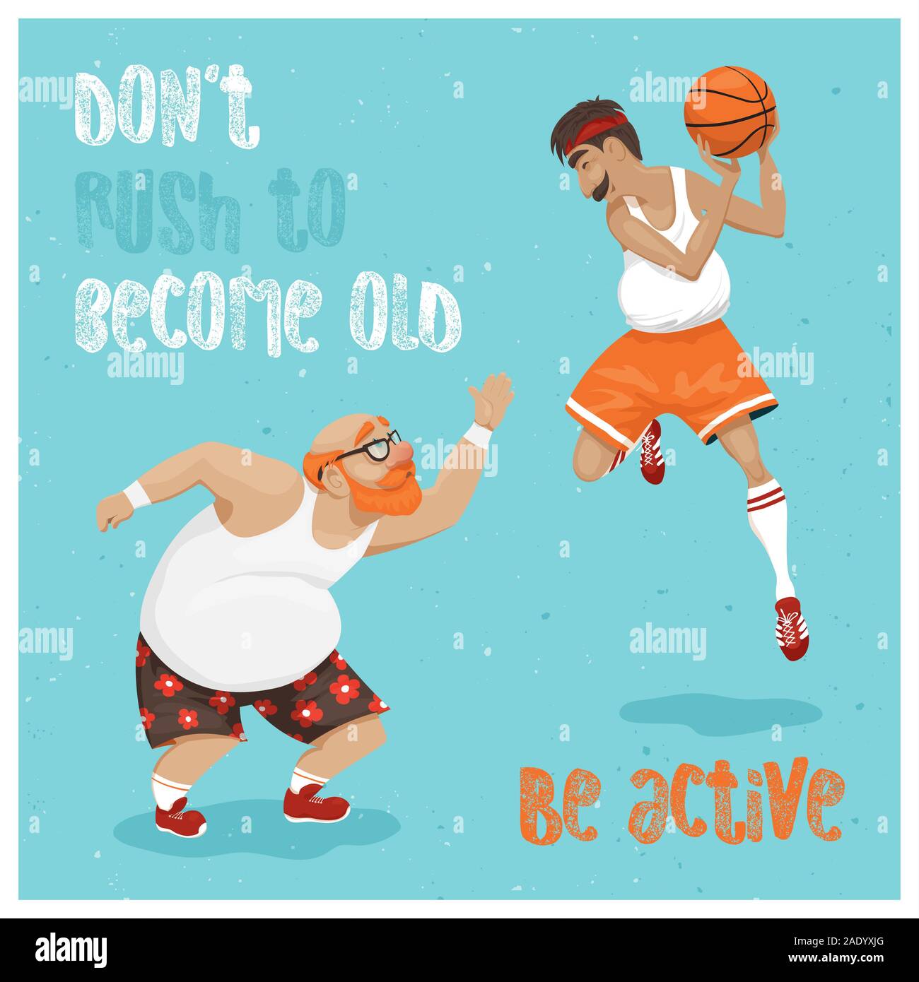 a vector illustration with two old men (neighbours or friends) playing basketball; active lifestyle promotion; motivating poster or greeting card in c Stock Photo