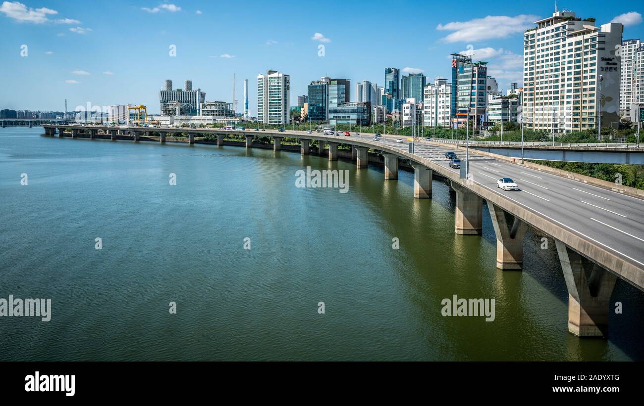 Seoul Korea , 23 September 2019 : Han river and Gangbyeonbuk elevated riverside road view with traffic in Seoul South Korea Stock Photo