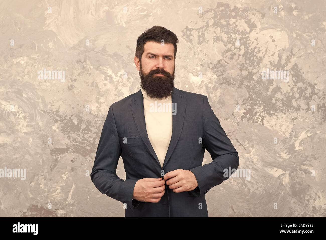 Man handsome bearded businessman wear formal suit. Menswear and fashion  concept. Man of style and status. Guy brutal fashion model. Business people fashion  style. Smart casual clothes for office Stock Photo -