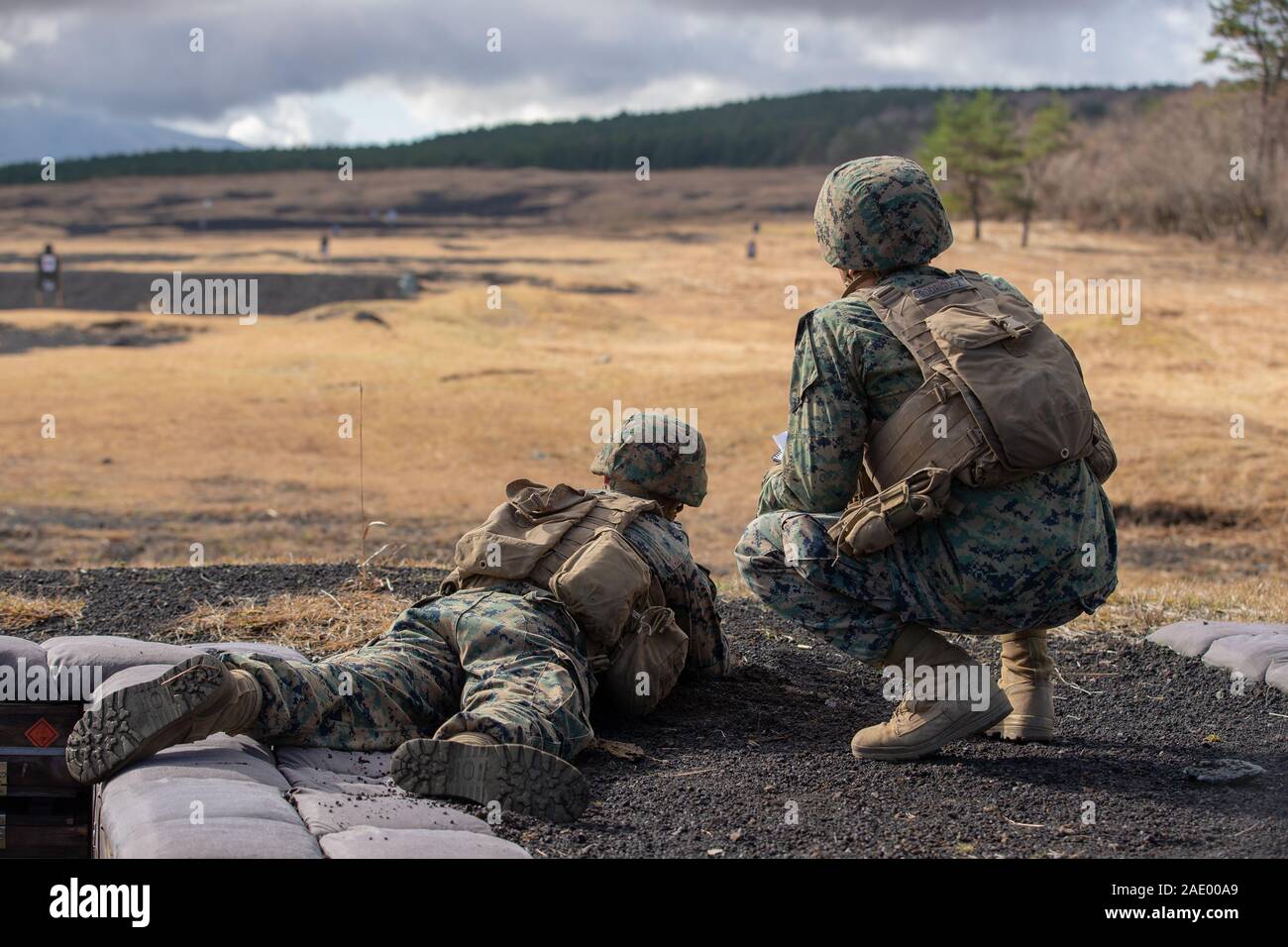 U.S. Marines conduct marksmanship drills during exercise Fuji Viper 20-2 on Camp Fuji, Japan, Dec. 3, 2019. Fuji Viper is a regularly scheduled training evolution that allows infantry units to maintain their lethality and proficiency in infantry and combined arms tactics. This iteration of the exercise is executed by an activated reserve unit, 1st Battalion, 25th Marine Regiment, currently attached to 4th Marine Regiment, 3rd Marine Division, as part of the unit deployment program. (U.S. Marine Corps photo by Lance Cpl. Ujian Gosun) Stock Photo