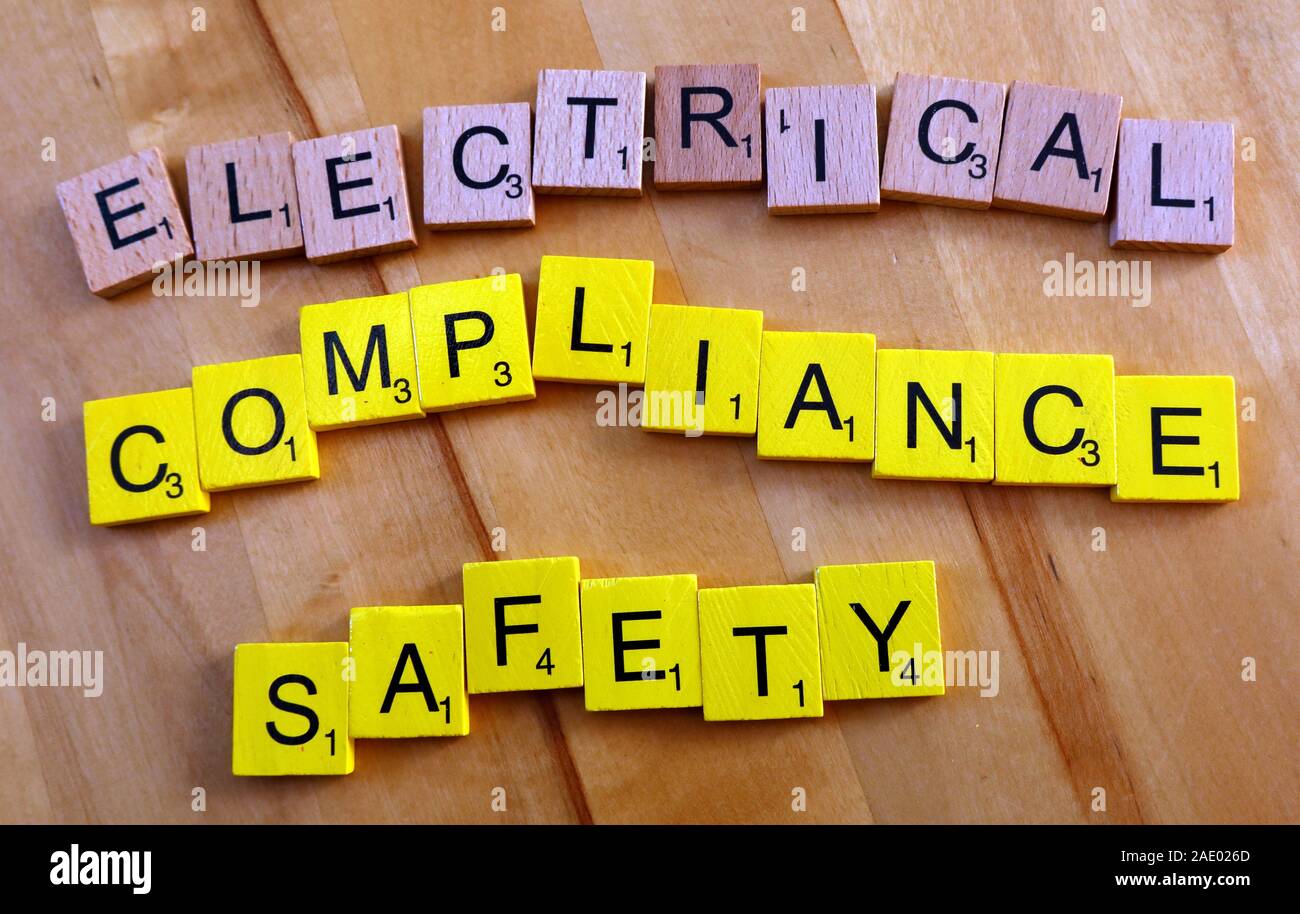 Electrical Compliance Safety,in,Scrabble letters Stock Photo