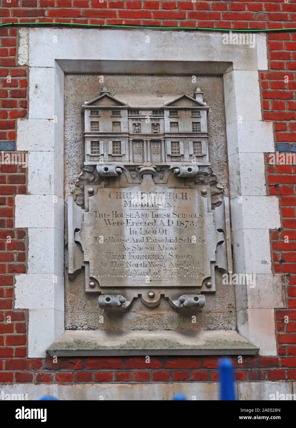 Christ Church AD1873, Middlesex school,plaque, 47a Brick Lane,Shoreditch,East End,London,England,UK,E1 Stock Photo