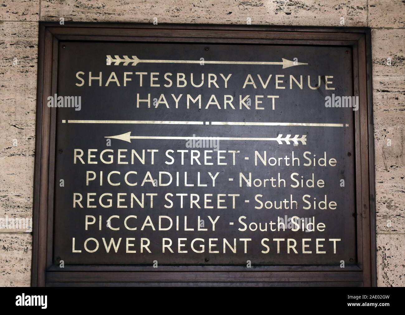 Sign at Piccadilly London underground tube station,Shaftesbury Avenue,Haymarket,Regent Street,England,UK Stock Photo