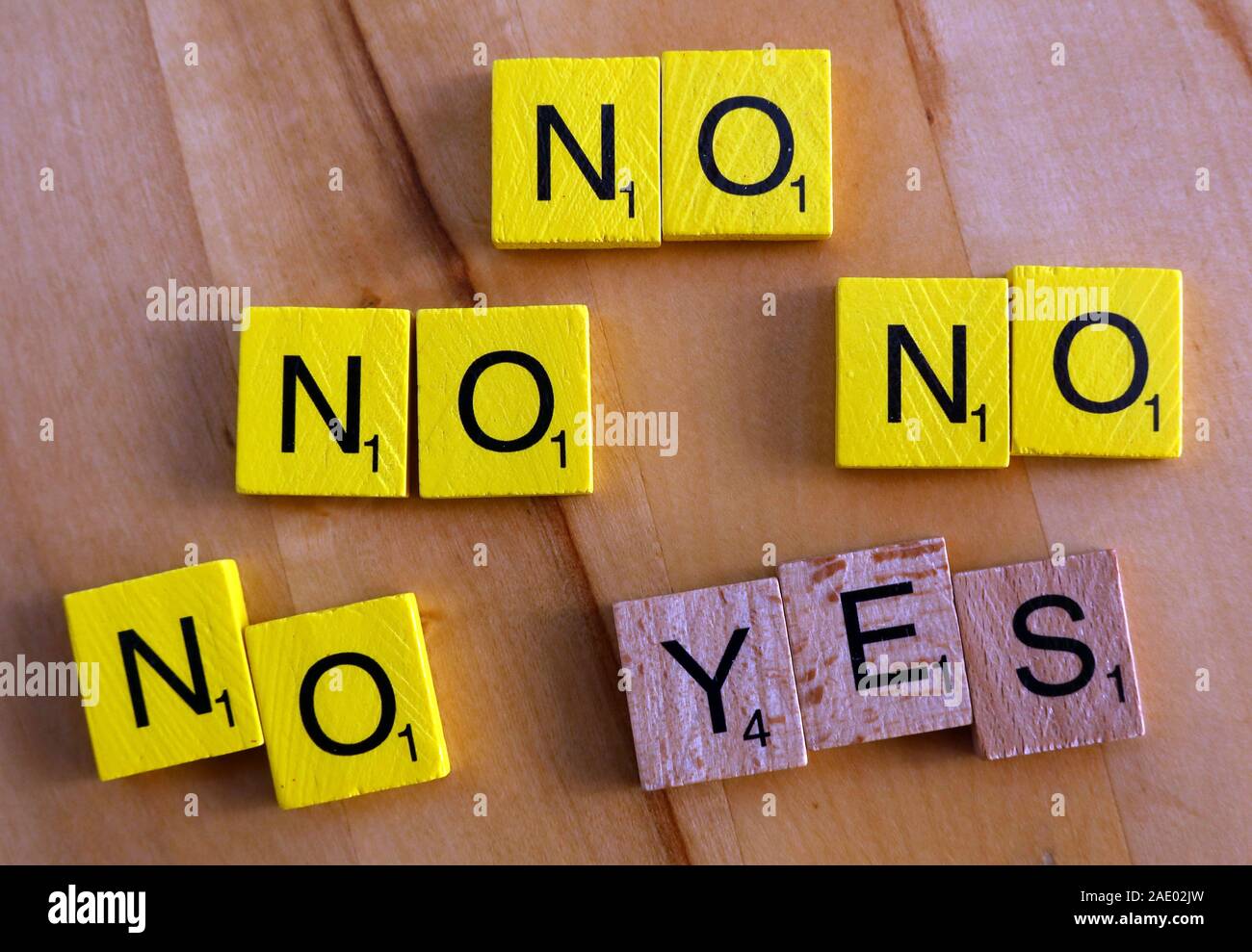 No, Yes, in Scrabble letters Stock Photo
