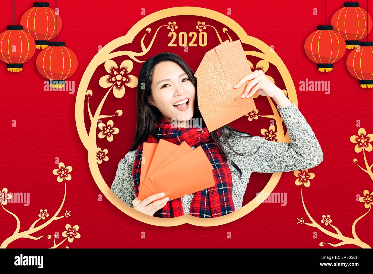 asian young woman celebrating for chinese new year. Stock Photo