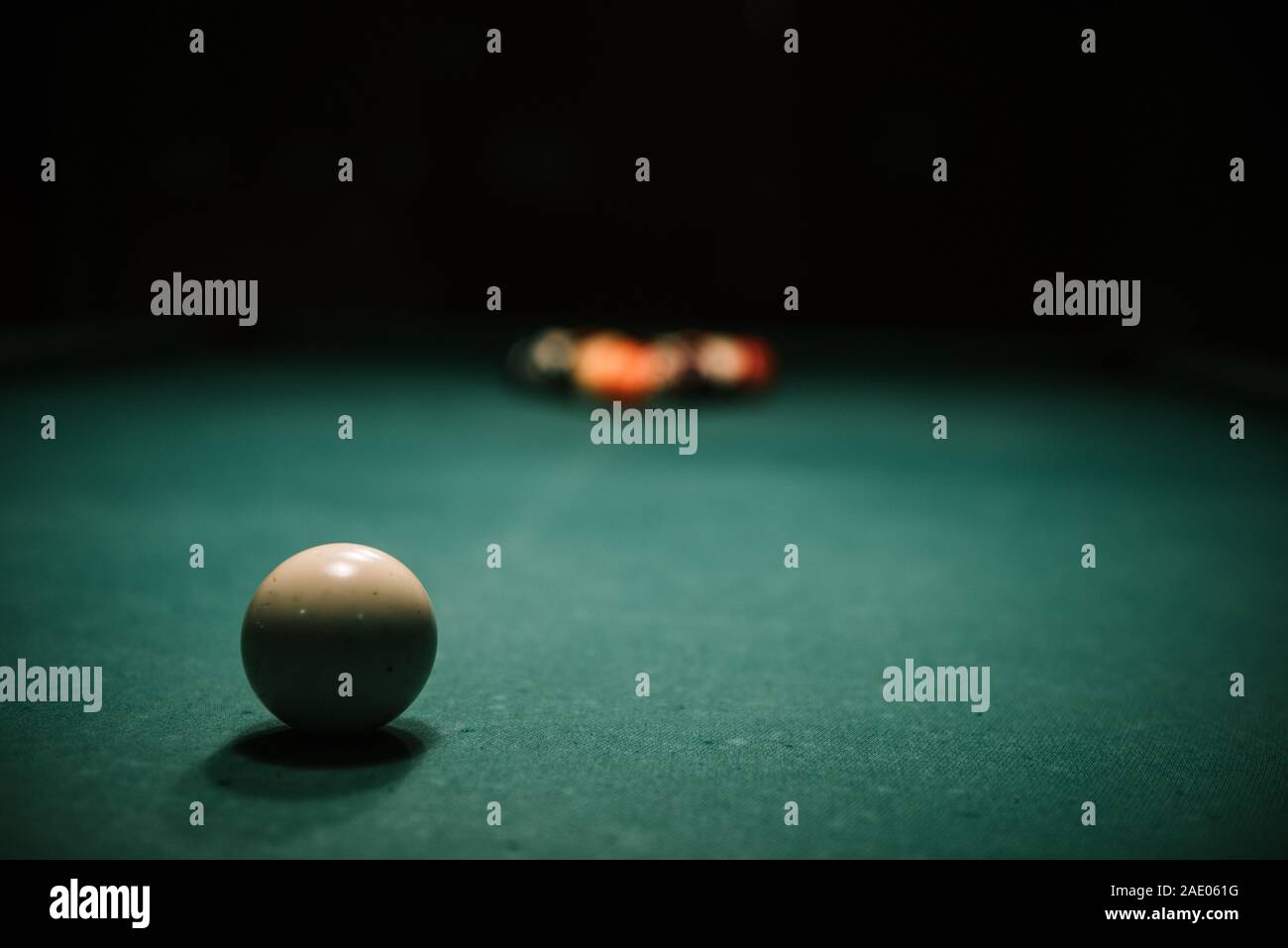 Billiards table with balls and cue ball set up for break Stock Photo