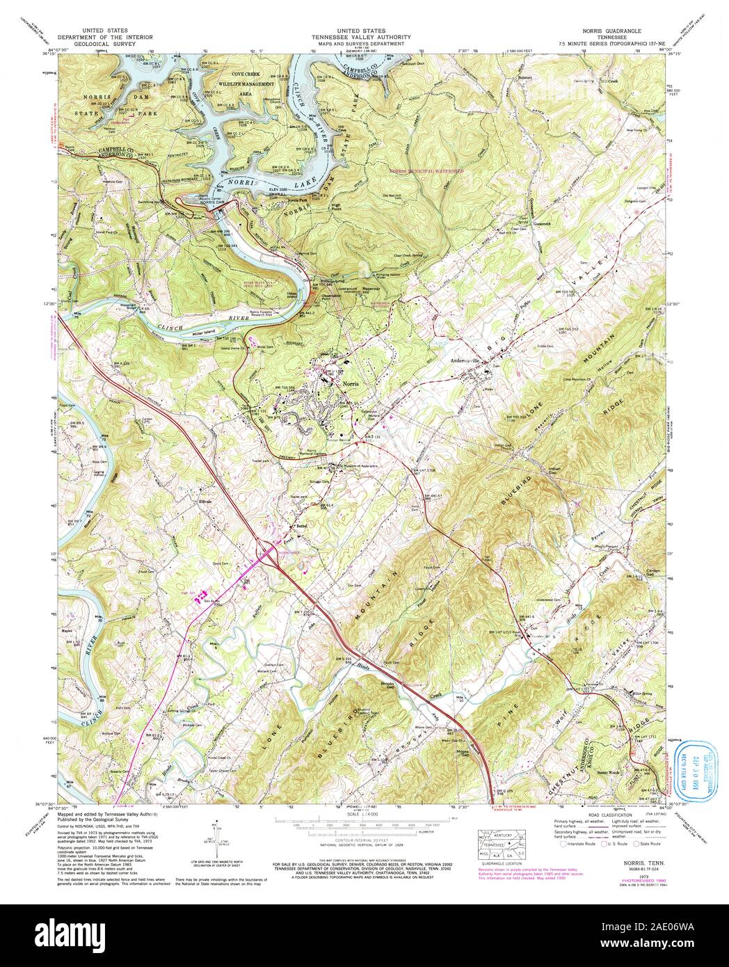 USGS TOPO Map Tennessee TN Norris 148624 1973 24000 Restoration Stock Photo