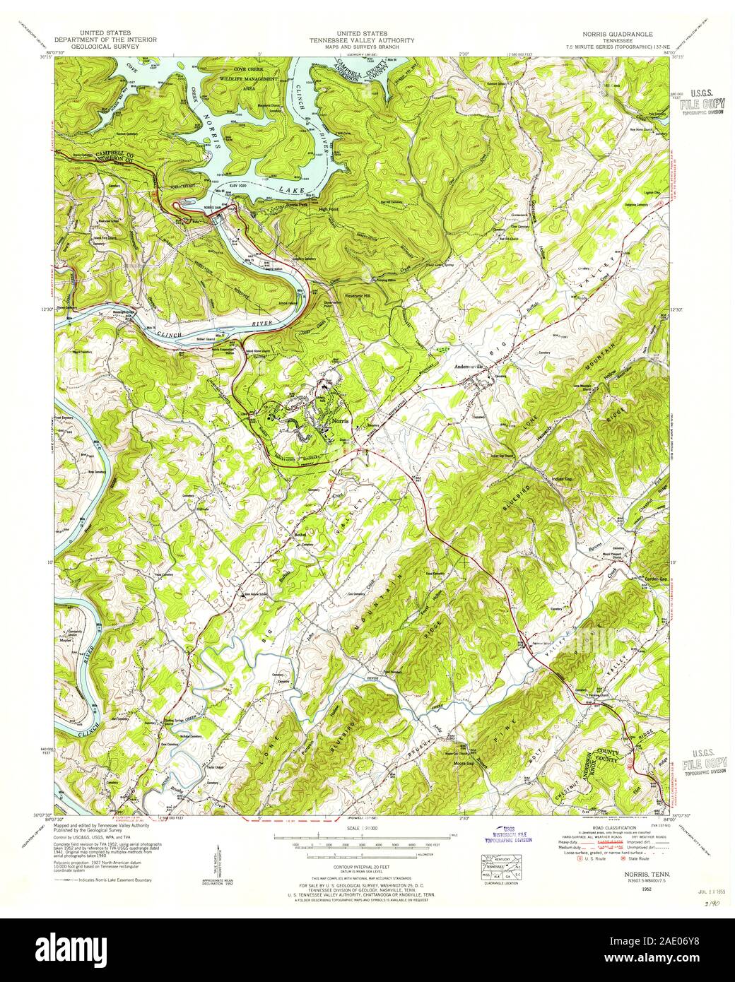 USGS TOPO Map Tennessee TN Norris 149165 1952 24000 Restoration Stock Photo