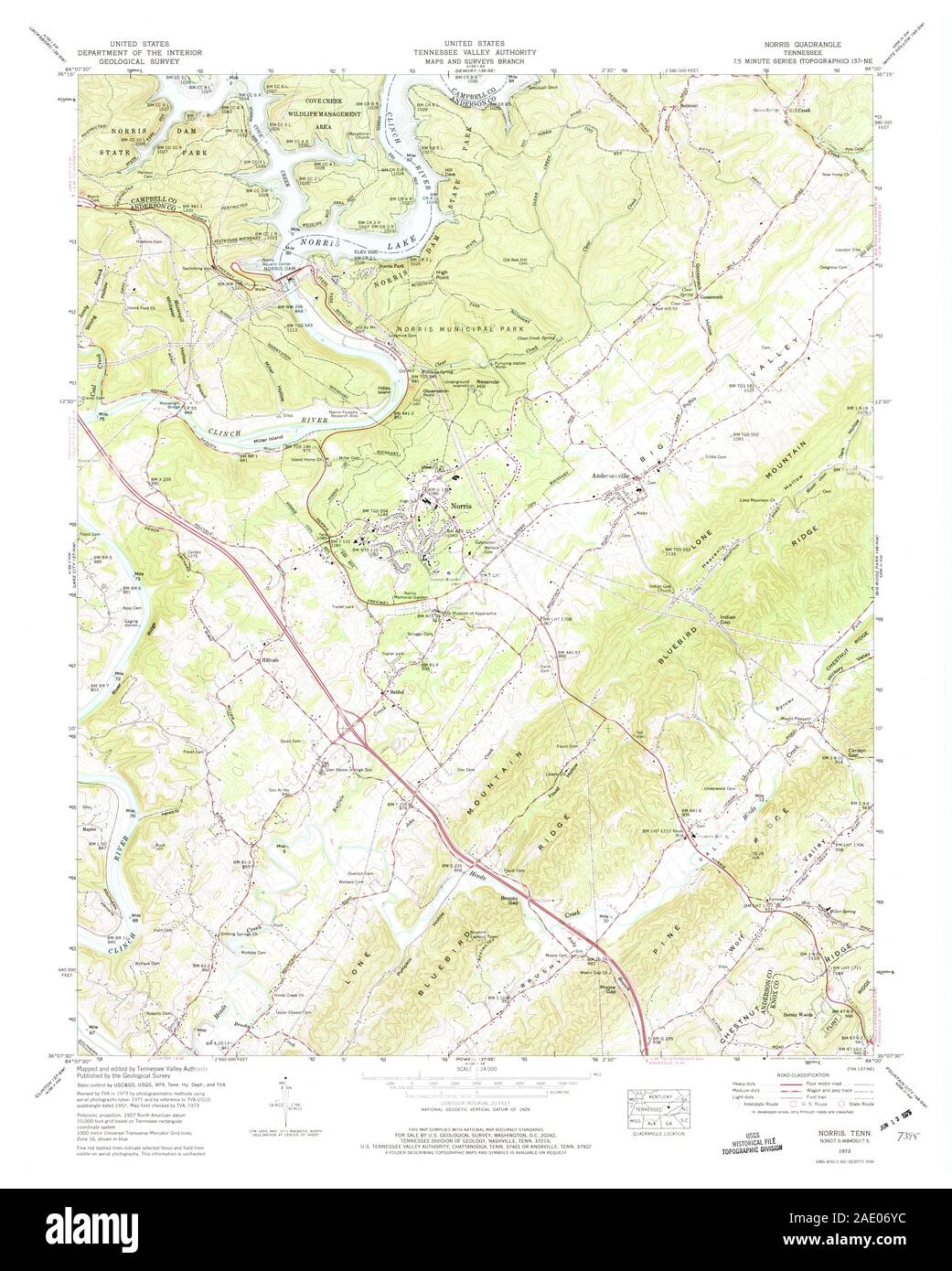 USGS TOPO Map Tennessee TN Norris 149167 1973 24000 Restoration Stock Photo