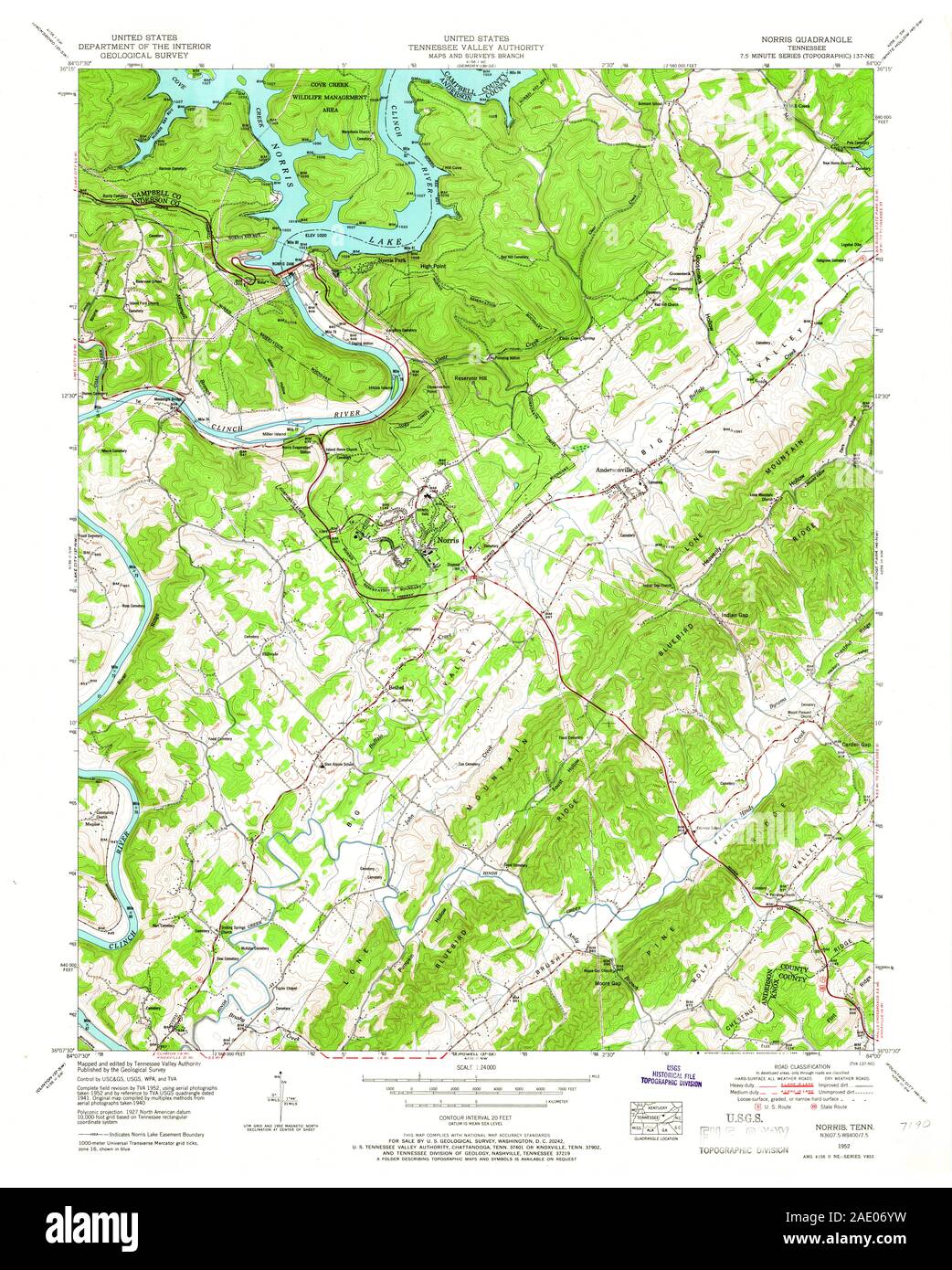USGS TOPO Map Tennessee TN Norris 149166 1952 24000 Restoration Stock Photo