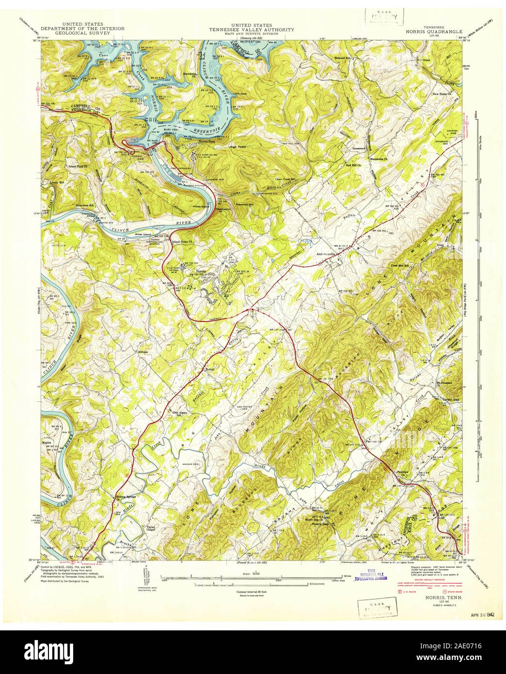 USGS TOPO Map Tennessee TN Norris 149285 1941 24000 Restoration Stock Photo