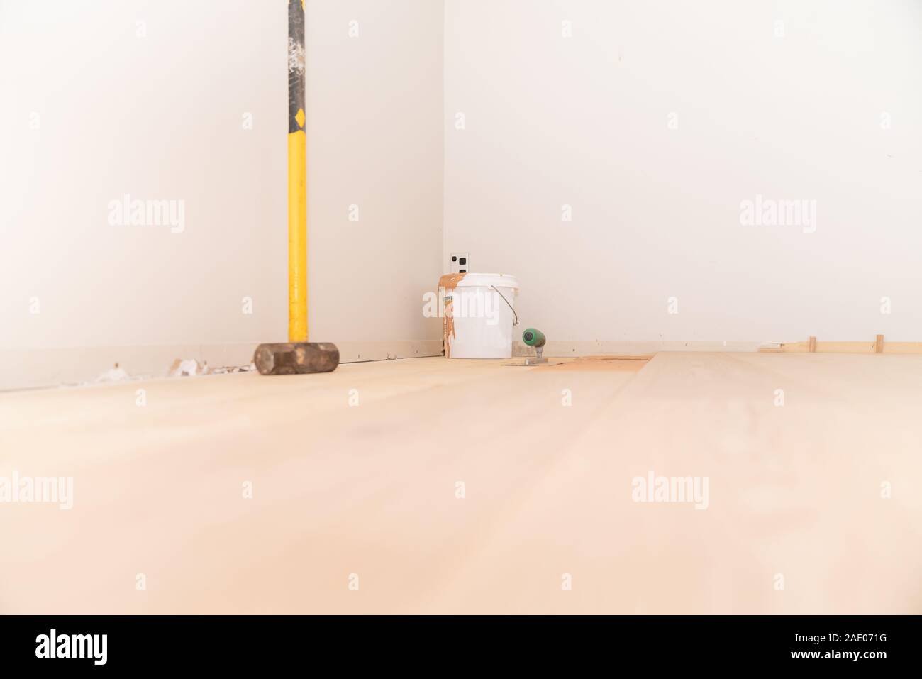 Tauranga New Zealand - November 4 2019; Tools of trade and bucket of adhesive used for laying new wooden floor in home. Stock Photo