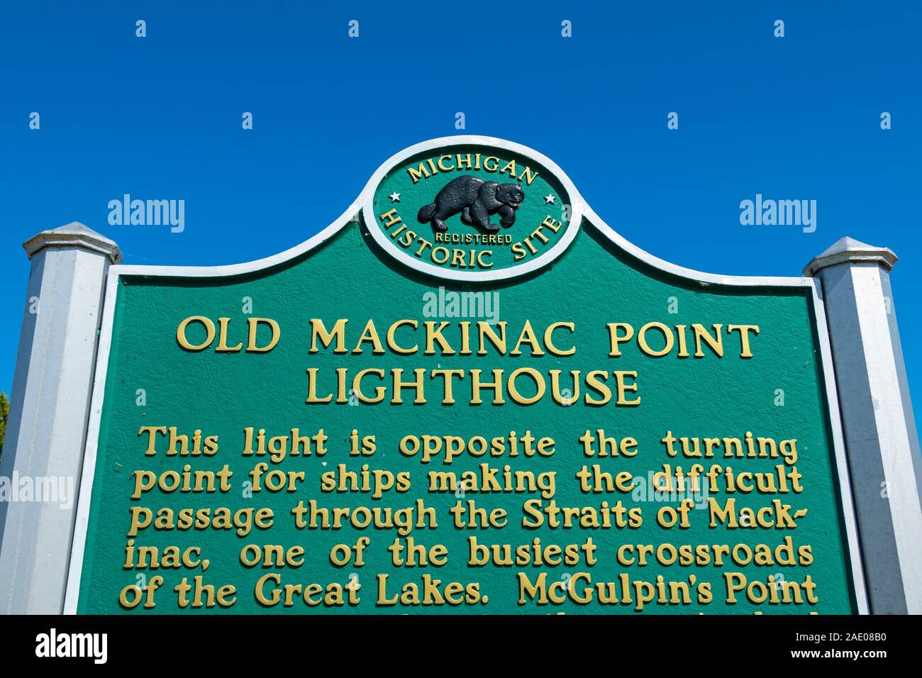 Old Mackinac Mackinaw Point Lighthouse in Mackinaw City Michigan on Lake Huron and Michigan Stock Photo
