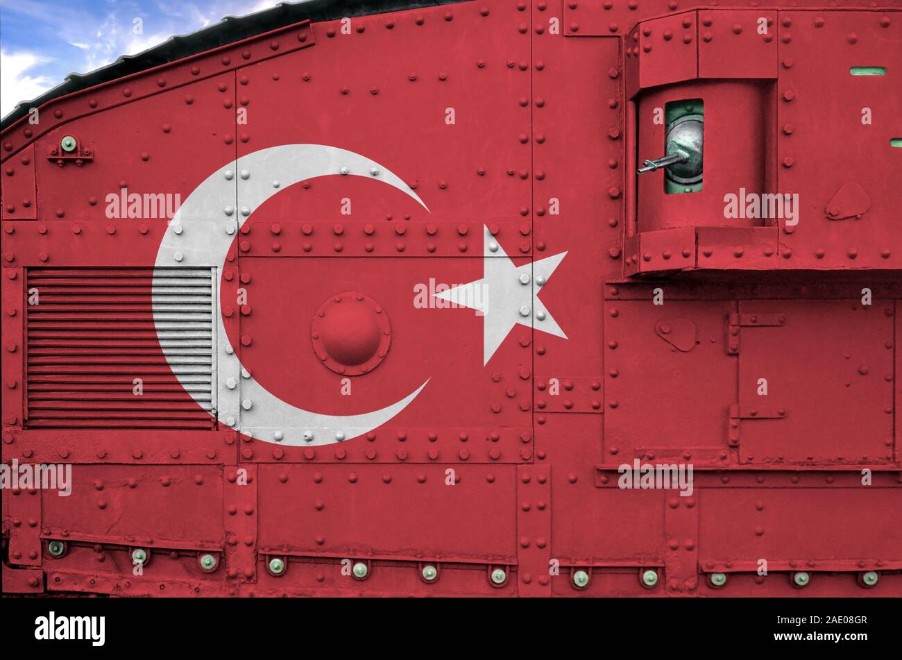 Turkish Tank Background Turkey flag depicted on side part of military armored tank close up ...