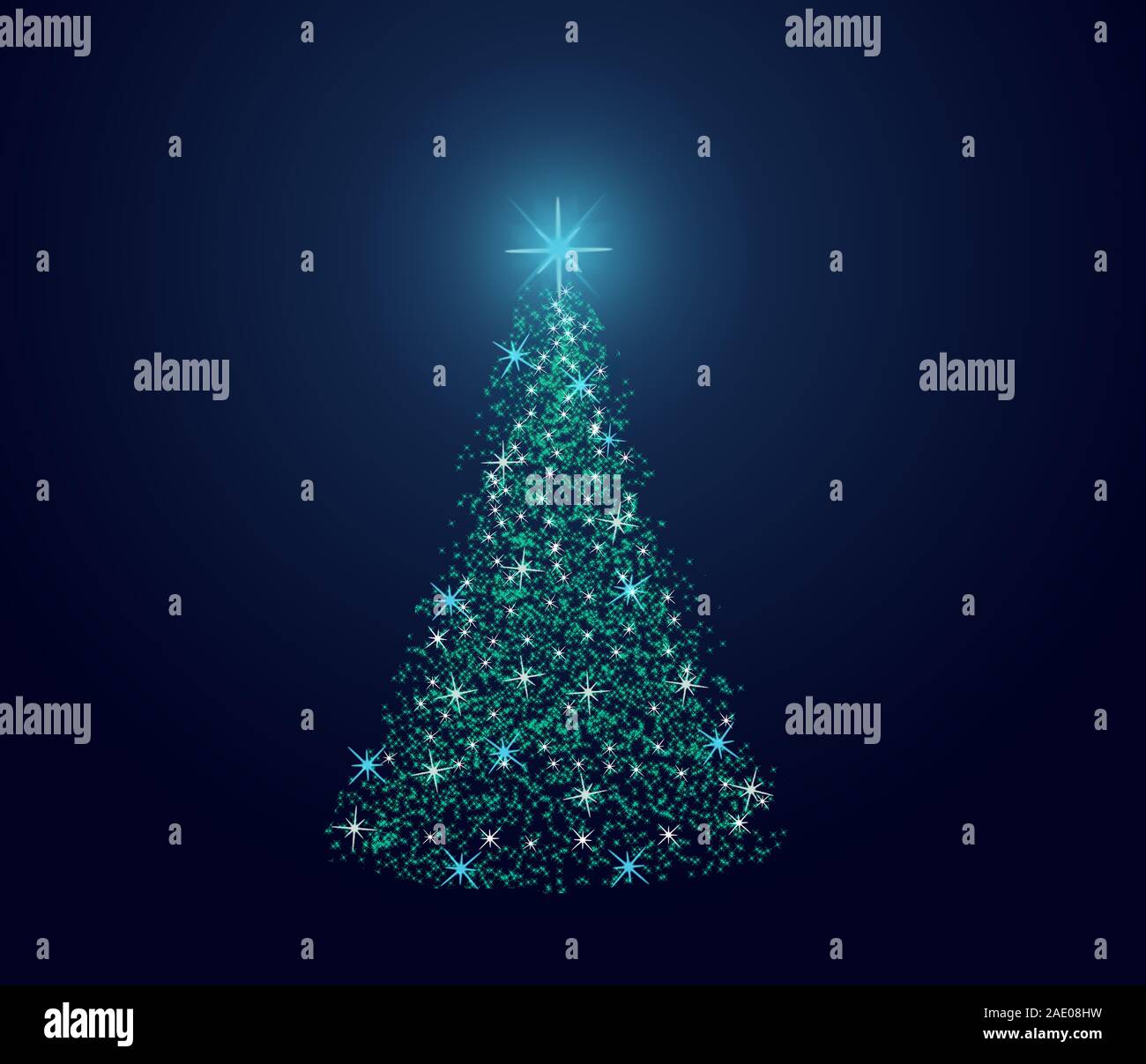Christmas greeting card with blue Christmas tree of stars on a dark ...