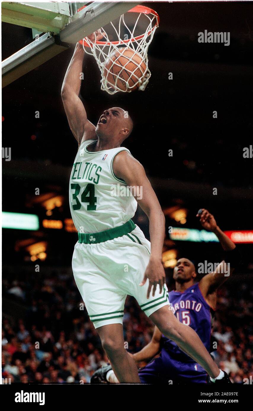 Boston Celtics #34 Paul Pierce Dunks the ball against the Toronto Raptors in basketball game action at the Fleet Center in Boston Ma USA Mar 1,2000 photo by bill belknap Stock Photo