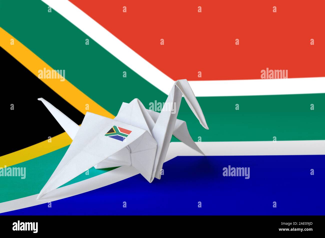 South Africa Flag Depicted On Paper Origami Crane Wing