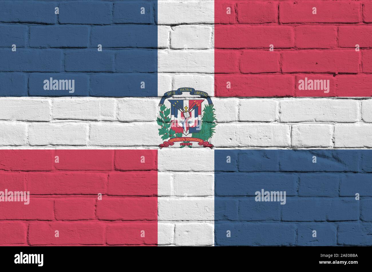 Dominican Republic flag depicted in paint colors on old brick wall ...
