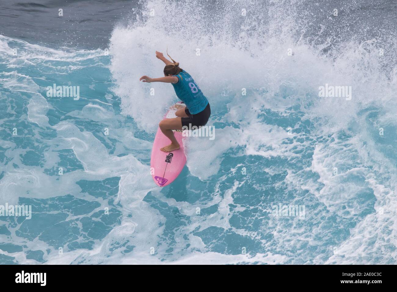 Stephanie Gilmore competing in and winning the Lululemon Maui Pro surf