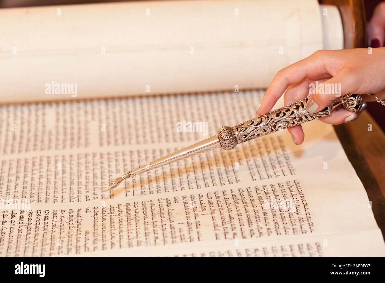 Young Jewish woman holding a yad, reading an ancient Torah scroll during her Bat Mitzvah ceremony Stock Photo