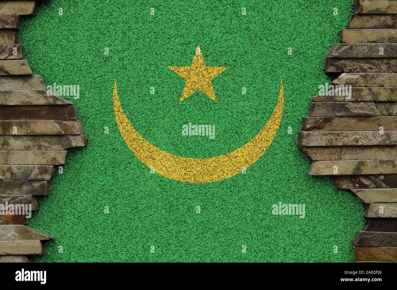 Mauritania flag depicted in paint colors on old stone wall close up ...