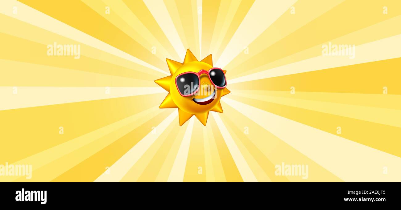 Smiling summer sun radiant background with a happy glowing character with sunglasses as a hot symbol of vacation and relaxation with sunny weather. Stock Photo